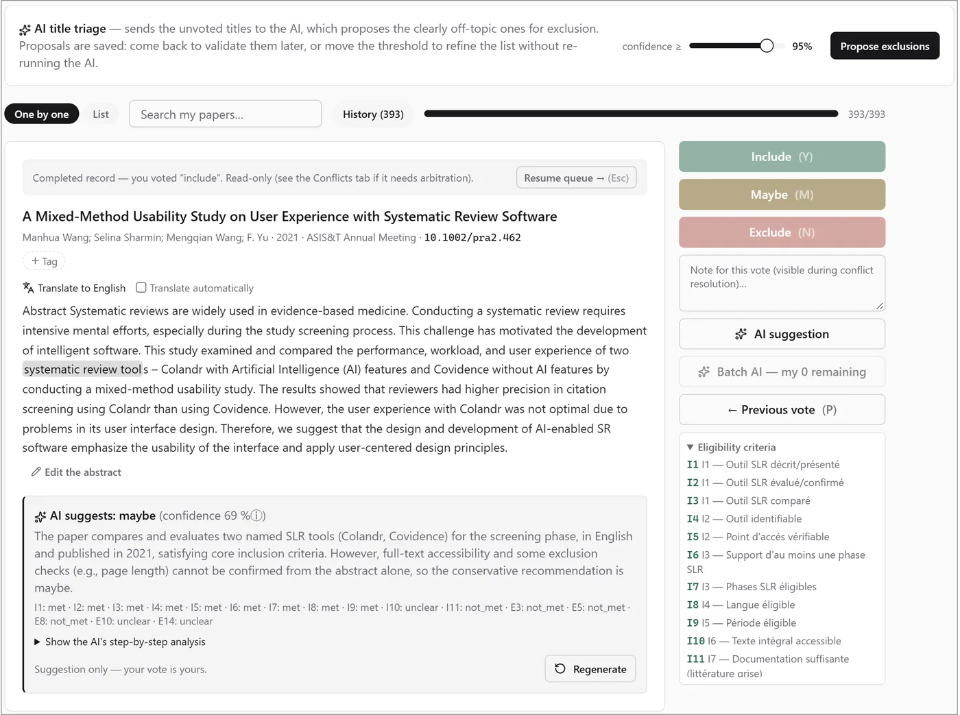 Screening view: a record with its abstract, include / maybe / exclude buttons, the coded eligibility criteria and an AI suggestion with its reasoning.